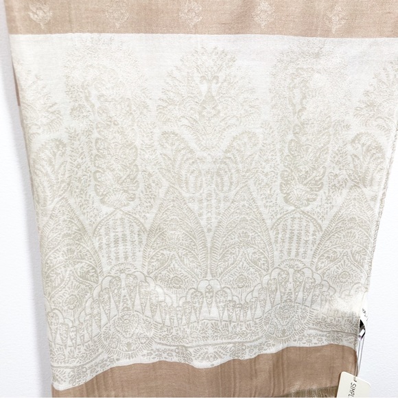Simply Noelle Pashmina Floral Paisley Scarf Silk Blend Fringe Tan Cream NEW - Picture 3 of 9